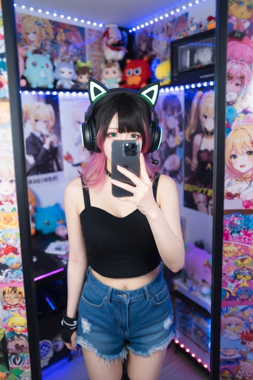 Playful young woman in cat ear headphones takes a confident selfie in her colorful anime-filled room.