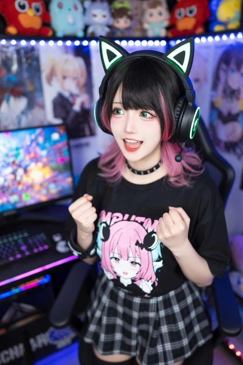 Playful cat-ear headset gamer girl poses excitedly in her colorful anime-filled setup.