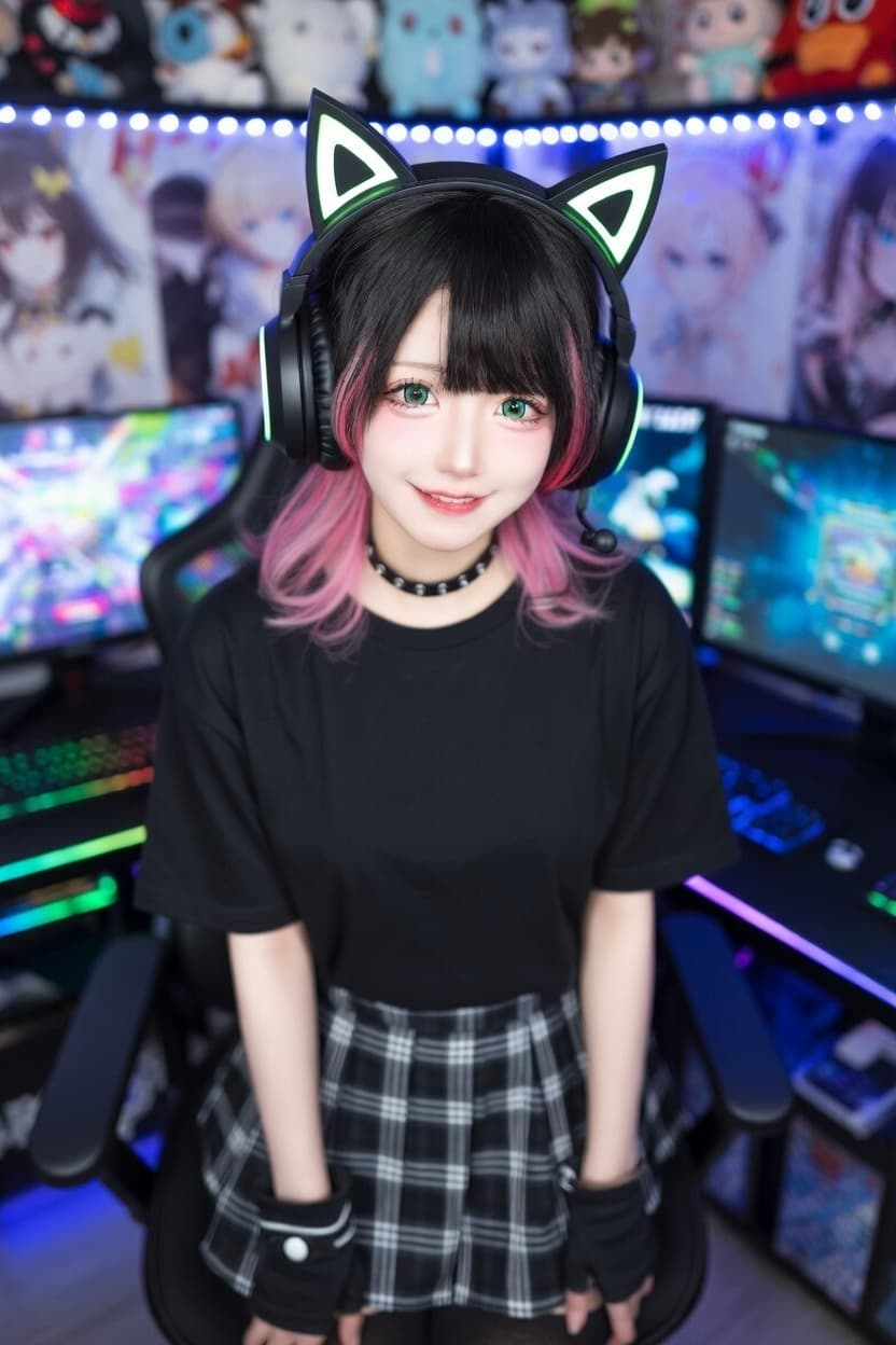 Playful gamer girl in cat ear headphones poses confidently in her colorful setup.