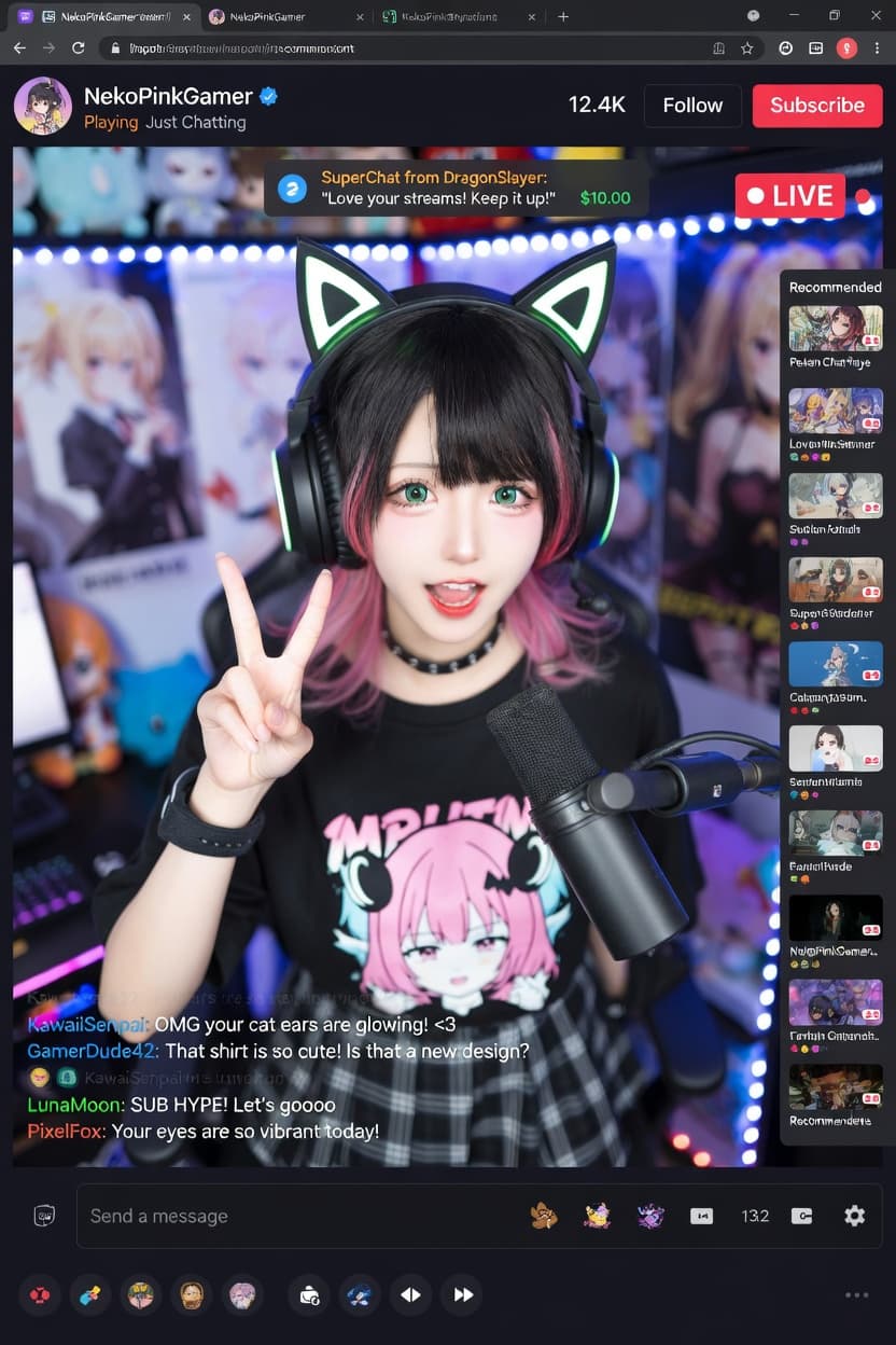 Playful gamer girl with cat ear headphones makes a peace sign during her live stream.