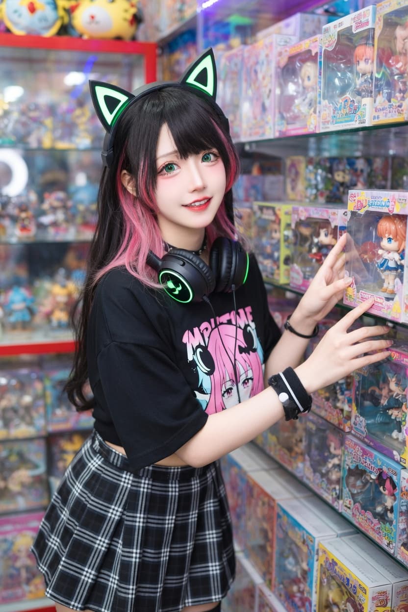 Playful young woman in cat ear headphones poses confidently in a colorful collectibles room.
