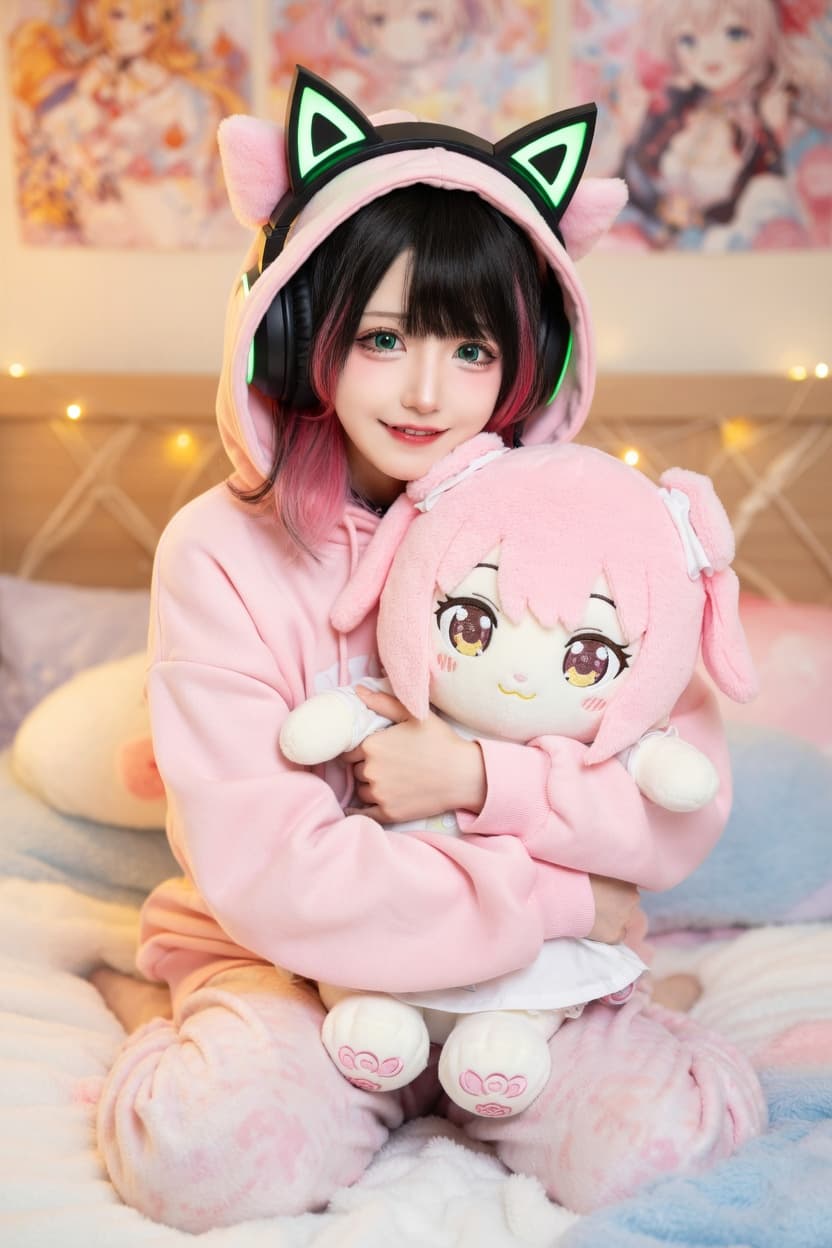 A playful young woman in pink cat-ear pajamas sits on her bed hugging a large anime plushie.