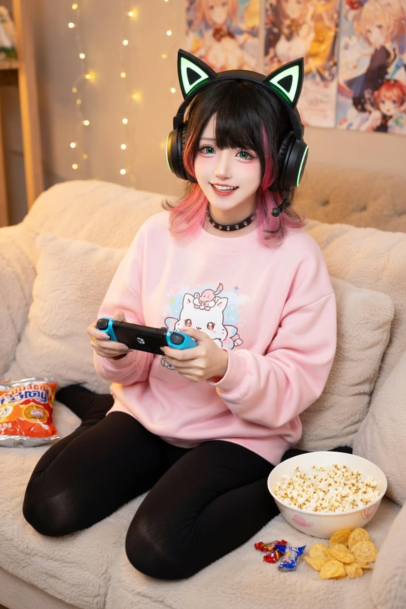 Playful gamer girl with cat ear headphones smiles while holding a controller on a cozy couch.