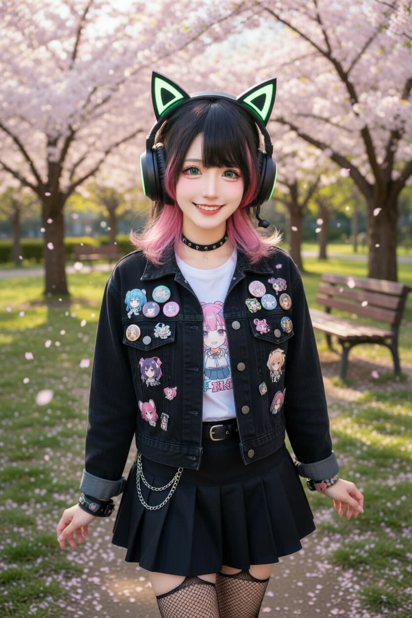 Playful young woman with cat ear headphones smiles amid falling cherry blossoms in a sunny park.
