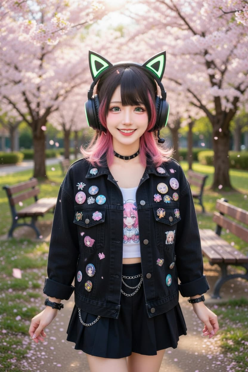 A playful young woman with pink-tipped hair and cat-ear headphones poses confidently in a blooming cherry blossom park.