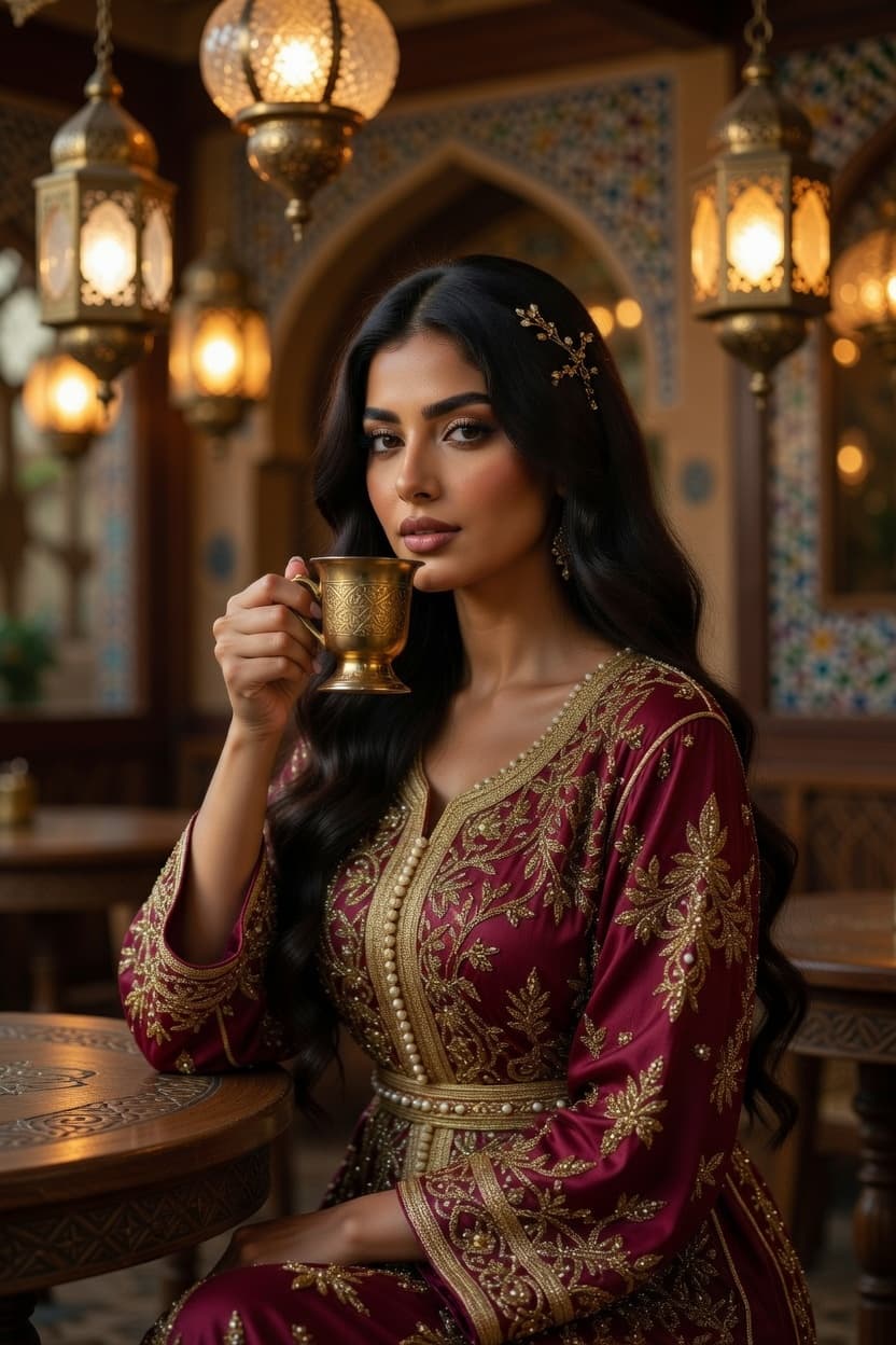A poised woman in an ornate embroidered caftan holds a golden cup while seated in an ornate cafe.
