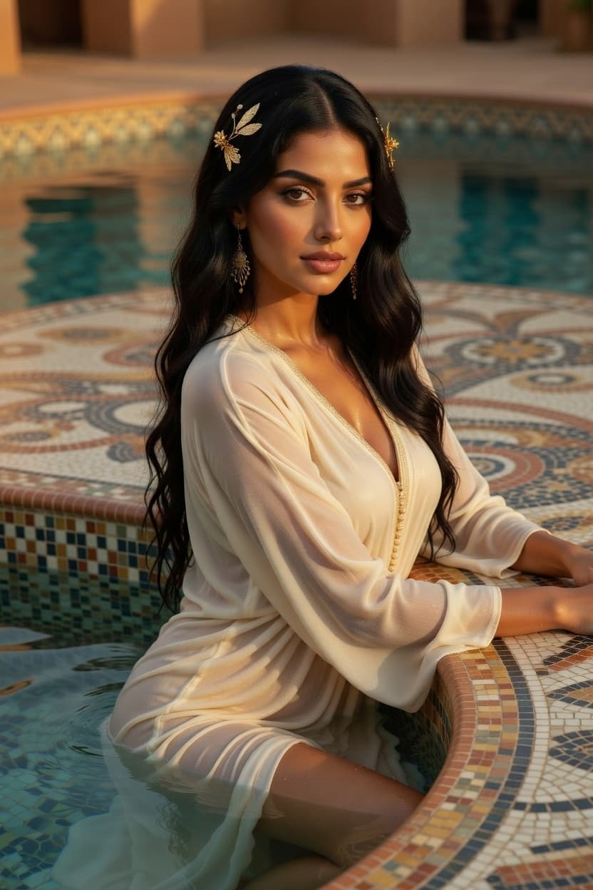 A radiant woman in a flowing white dress sits gracefully at the edge of a mosaic-tiled pool during golden hour.