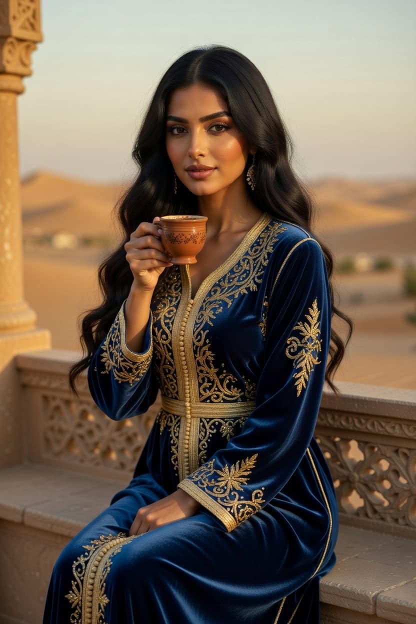 A poised woman in an elegant blue caftan enjoys a warm drink on a desert balcony at golden hour.